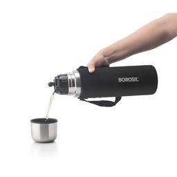 Borosil Hydra Thermo 1000 ml Stainless Steel Water Bottle with Bag | Double Wall Vacuum Insulated Flask | 24 Hours Hot and Cold | Bottle for Office, Gym, School & College (Black)