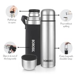 Borosil Hydra Thermo 1000 ml Stainless Steel Water Bottle with Bag | Double Wall Vacuum Insulated Flask | 24 Hours Hot and Cold | Bottle for Office, Gym, School & College (Black)