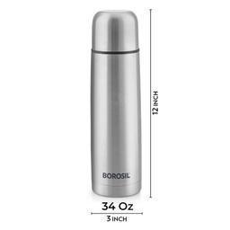 Borosil Hydra Thermo 1000 ml Stainless Steel Water Bottle with Bag | Double Wall Vacuum Insulated Flask | 24 Hours Hot and Cold | Bottle for Office, Gym, School & College (Black)