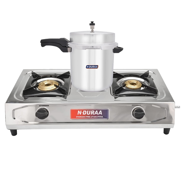 N-DURAA Solid Stainless Steel 2 Brass Burner Gas with N-DURAA Pressure Cooker, 12 Liters