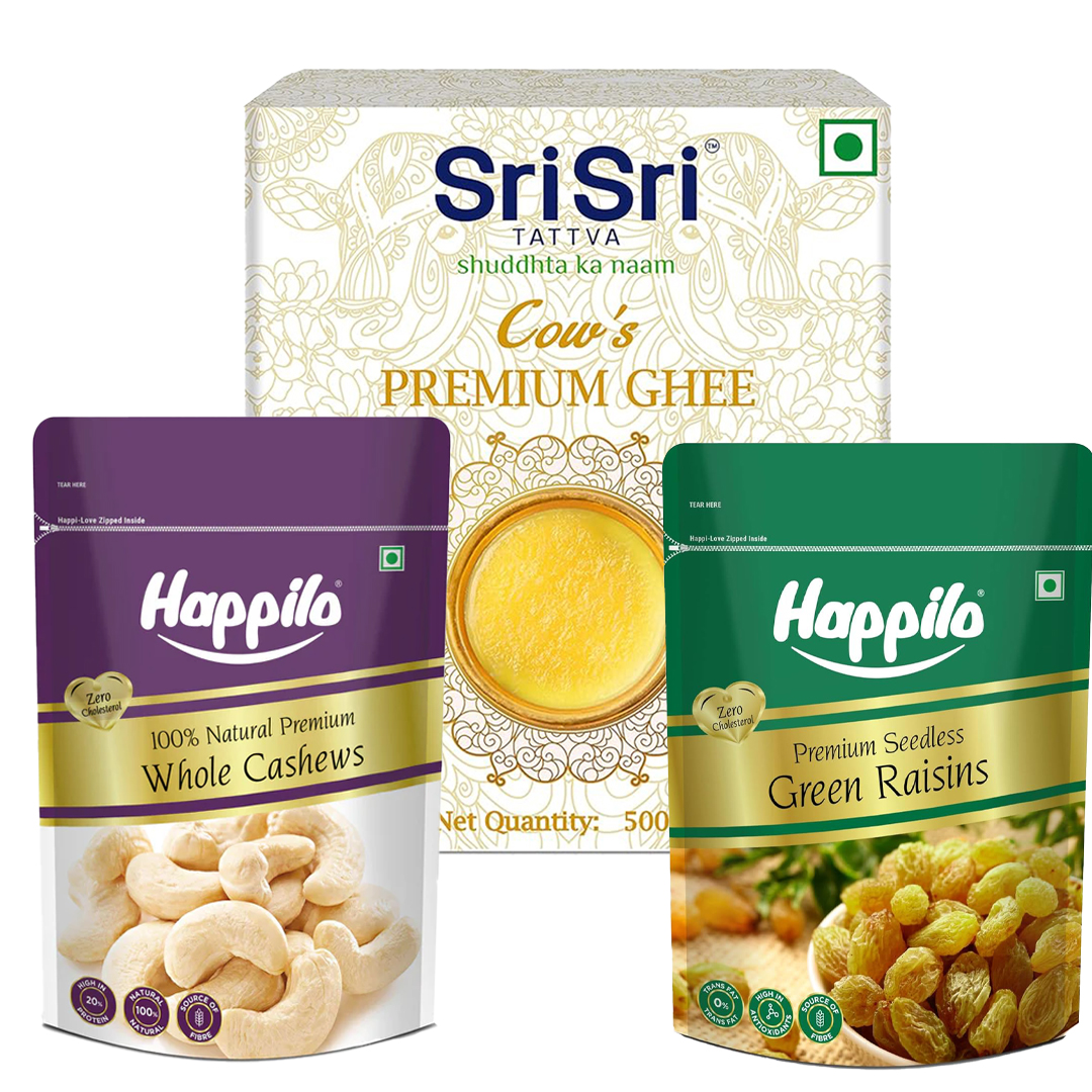 Cow Raisins SmartQuick | Sri Sri Tattva Cow Ghee - 500ml & Happilo Whole Cashews ...